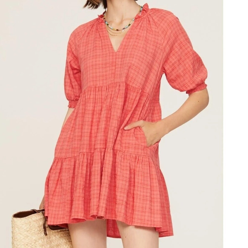 BB Dakota Hustle and Glow Tiered Mini Dress Coral Plaid V-Neck XS